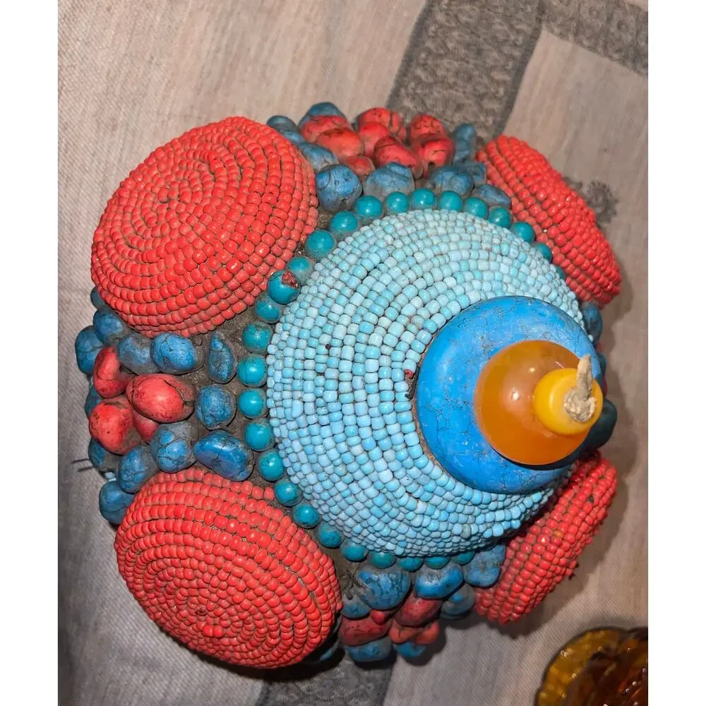 Antique Tibetan Ceremonial Beaded Headdress/Hat  - As Is